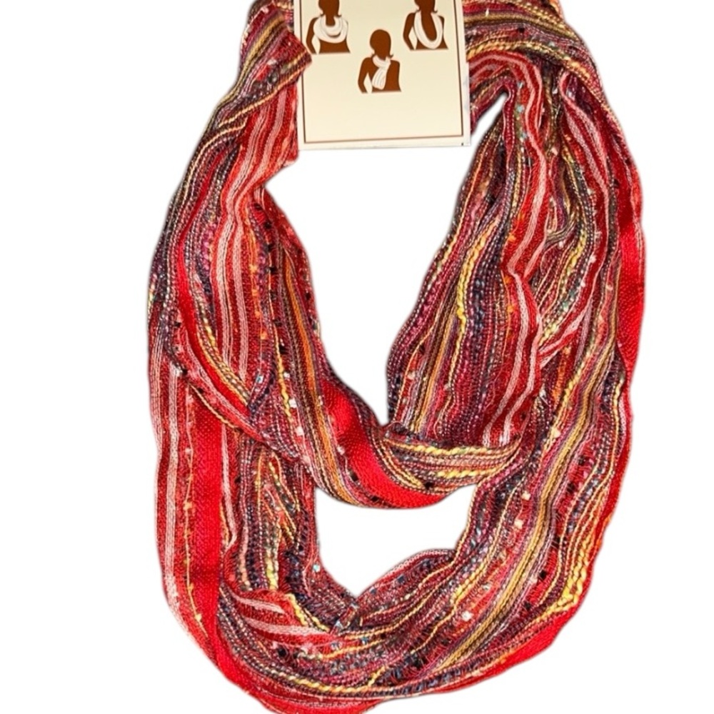 NWT Red/Orange Multicolor Eternity Loop Beaded Scarf, 100% polyester